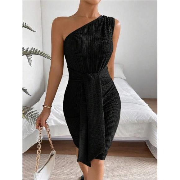 One Shoulder Front Tie Bodycon Dress- Black - Picture 4 of 5